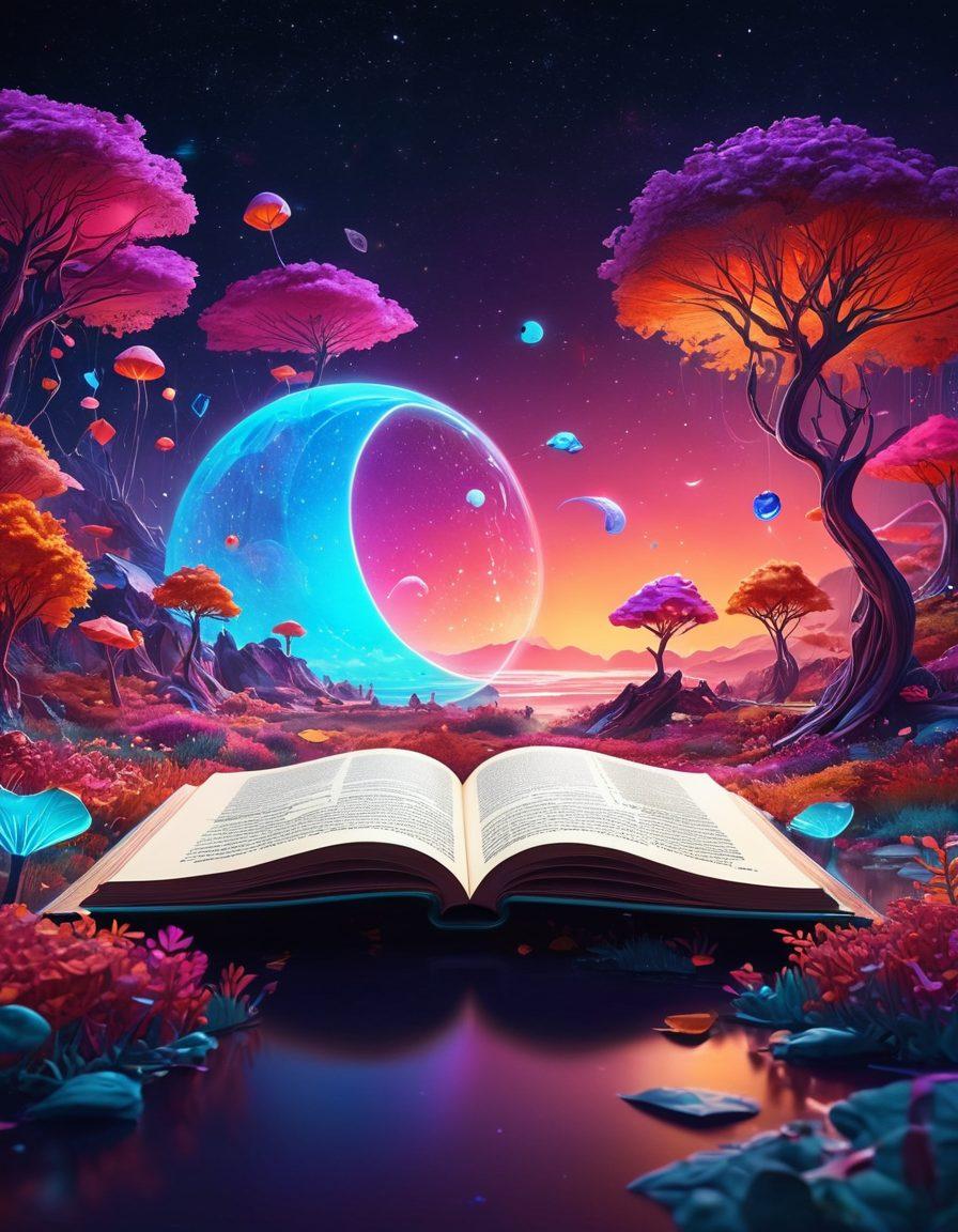 A mesmerizing digital landscape showcasing an open journal glowing with vibrant pages, with handwritten stories flowing out into the digital ether. Illustrate whimsical characters and scenes emerging from the pages, symbolizing the power of storytelling. Surround the journal with futuristic elements like holograms and abstract shapes representing the digital publishing sphere. Capture a sense of creativity and inspiration. vibrant colors. 3D.