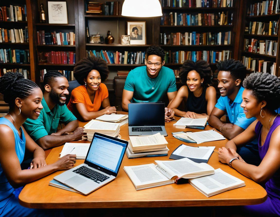 A diverse group of writers sitting around a large table, energized and sharing ideas, with stacks of books and laptops open in front of them. Each writer has a unique style and background, depicting a sense of solidarity and creativity. The backdrop features inspiring quotes and vibrant images of storytelling elements like quills and scrolls. Bright, inviting colors to create a sense of community and imagination. super-realistic. vibrant colors. soft focus.