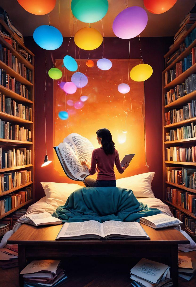 A whimsical scene depicting an open book with vibrant, swirling stories coming to life, intertwining with a blogger typing on a laptop in a cozy, inviting space. Behind them, colorful speech bubbles filled with creative ideas float in the air, representing the art of storytelling. Soft, warm lighting enhances the atmosphere, inviting readers into a world of imagination. super-realistic. vibrant colors. cozy background.